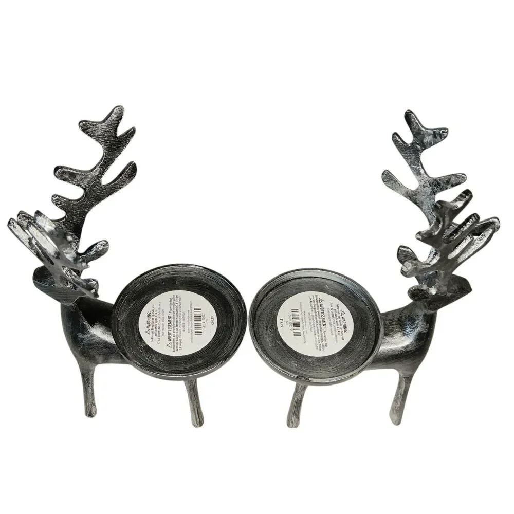 2 Silver Metal Deer Pillar Candle Holders By Pier 1 Reindeer Christmas Holiday